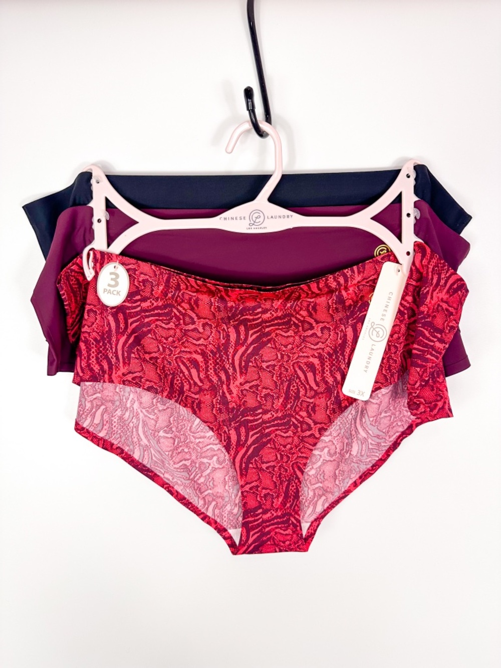 Chinese Laundry 3 Pack Hipster Panties- Black, Maroon, Red Animal Print
